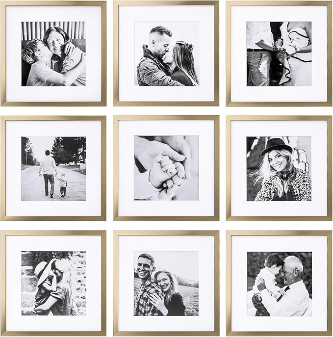 ArtbyHannah Photo Collage Frames for Wall, 10x10 Inch Square Picture Frame for Living Room or Staircase Decoration (Gold, 9 Pack)