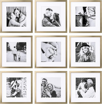 ArtbyHannah Photo Collage Frames for Wall, 10x10 Inch Square Picture Frame for Living Room or Staircase Decoration (Gold, 9 Pack)