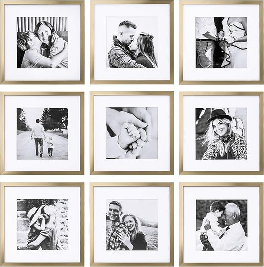 ArtbyHannah Photo Collage Frames for Wall, 10x10 Inch Square Picture Frame for Living Room or Staircase Decoration (Gold, 9 Pack)