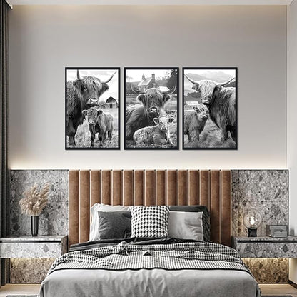 Black White Vintage Highland Cow Framed Canvas Wall Art Farmhouse Highland Cow & Calf Poster for Kitchen Wall Decor Western Country Animals Print Artwork for Gallery Decoration 16x24inchx3pcs