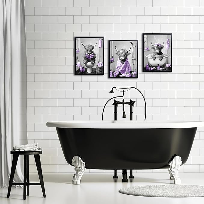 sechars Highland Cow Bathroom Wall Art 3 Piece Funny Bathroom Pictures Canvas Print Grey and Purple Decor (Purple)