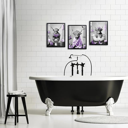 sechars Highland Cow Bathroom Wall Art 3 Piece Funny Bathroom Pictures Canvas Print Grey and Purple Decor (Purple)