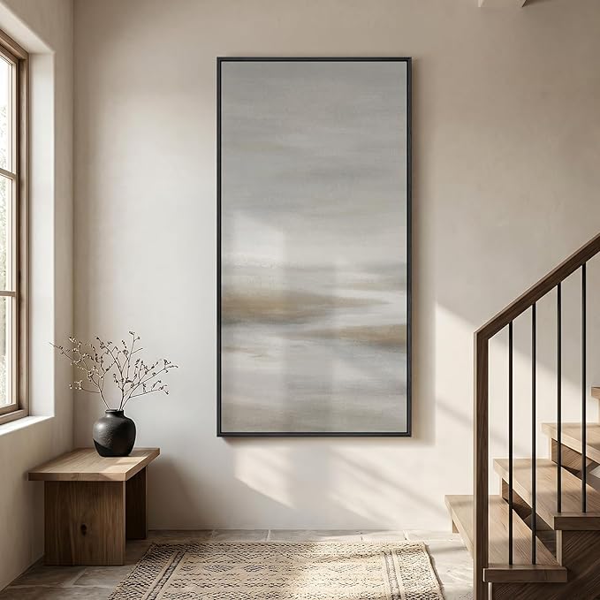 Large Framed Neutral Abstract Wall Art, Modern Vertical Canvas Prints Paintings Artwork for Walls, Grey Brown Minimalist Landscape Pictures Wall Decor for Hallway Living Room Dining Room, 30x60 In