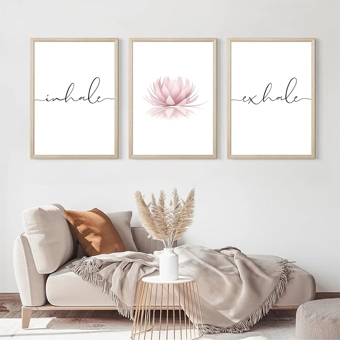 Inhale Exhale Wall Art Zen Canvas Decor Yoga Lotus Wall Art Calming Meditation Artwork Pink Yoga Poster Zen Pictures Painting for Living Room Bedroom 16x24 Inch Wood Framed Set of 3