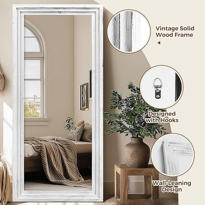 Full Length Wood Mirror 76x34 - Rustic Solid Wood Floor Mirror with Triple Layer Frame, HD Tempered Glass, Wall Mounted or Leaning Standing Mirror Vintage White Mirror for Bedroom Bathroom Living Room