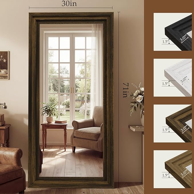 Full Length Mirror 71"x30", Large Solid Wood Frame Floor Mirror, Leaning Floor Mirror, Stable Frame, Shatterproof Glass, Modern Classic Style for Bedroom, Living Room, Entryway