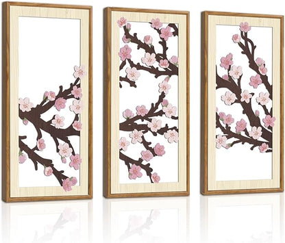 IARTTOP Cherry Blossom Wood Wall Decor Set of 3 Pink Flower Wall Art Japanese Sakura Tree Artwork Farmhouse Minimalist Botanical Print Decor for Living Room Bedroom Framed 7.9 x15.8 Inch