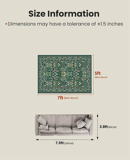 AMADA HOMEFURNISHING 5x7 Area Rug, Washable Living Room Rug with Non-Slip Backing, Low Pile and Durable Edge Binding, Vintage Soft Floral Rugs for Living Room, Bedroom, Dining Room