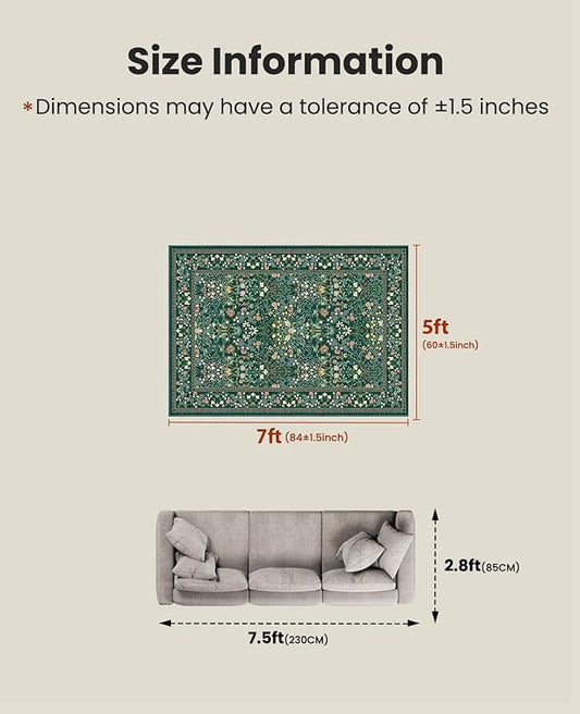 AMADA HOMEFURNISHING 5x7 Area Rug, Washable Living Room Rug with Non-Slip Backing, Low Pile and Durable Edge Binding, Vintage Soft Floral Rugs for Living Room, Bedroom, Dining Room