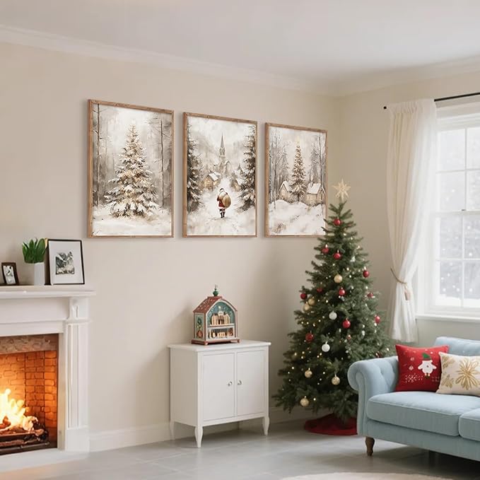Christmas Wall Art Decor Winter Santa Pictures Vintage Christmas Canvas Poster Snowy Pine Trees Wall Art Xmas Forest Prints Santa Claus Painting Artwork for Bedroom Living Room 12x16x3 Inch Unframed