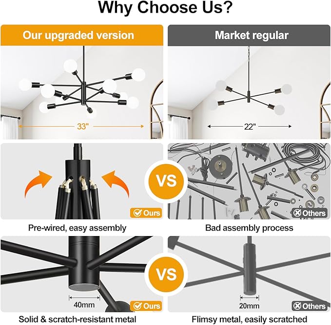 10.9"-52.3" Height Adjustable Sputnik Chandeliers Dining Room Light Fixture (10-Light, 32-Inch), Modern Black Chandelier, Mid Century Modern Chandeliers for Dining Room Kitchen (Bulbs Not Included)