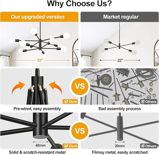 10.9"-52.3" Height Adjustable Sputnik Chandeliers Dining Room Light Fixture (10-Light, 32-Inch), Modern Black Chandelier, Mid Century Modern Chandeliers for Dining Room Kitchen (Bulbs Not Included)