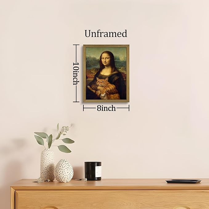 Funny Mona Lisa Cat Wall Art, Vintage Renaissance Mona Lisa Holding Orange Tabby Cat Canvas Print, Classic Abstract Art Painting Poster for Bathroom Living Room Bedroom Home Decor 8x10 Inch Unframed