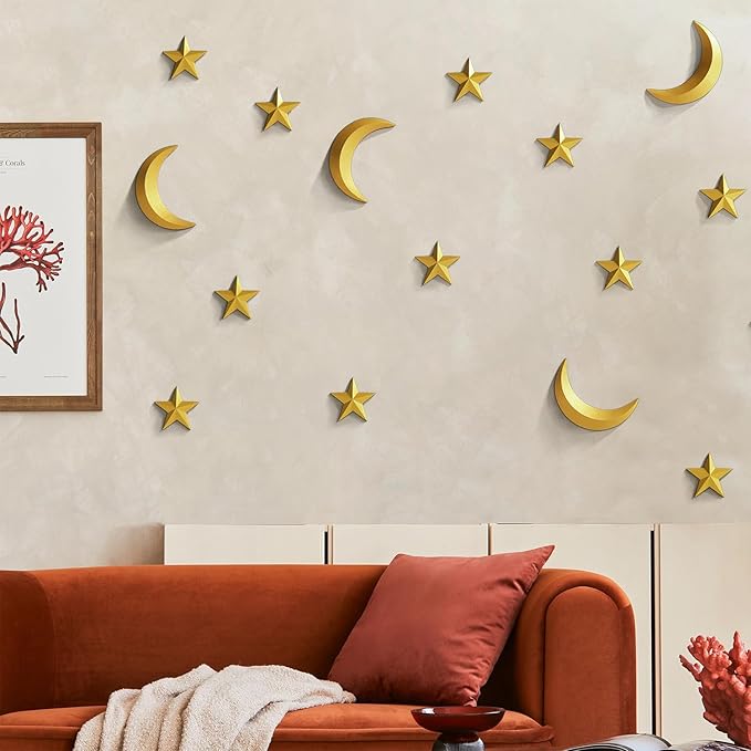 MidModArt 14PCS Mid Century Modern 3D Star Wall Art Gold Retro Starburst Sculptures Vintage Celestial Home Decor, Gold Moon-Combo