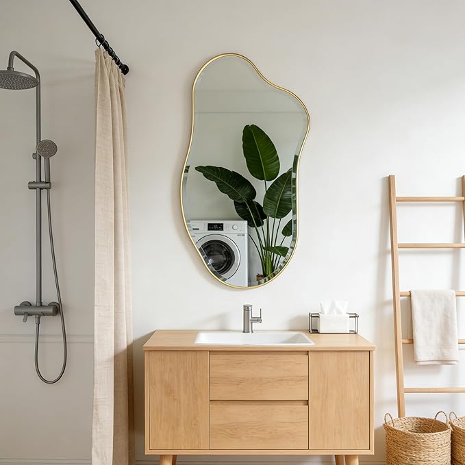 POZINO Irregular Beveled Mirror, 40"x20" Premium Asymmetrical Mirror with Gold Metal Frame, Modern Organic Shaped Mirrors for Living Room Bathroom Bedroom Hallway Entryway, Horizontal/Vertical Hanging