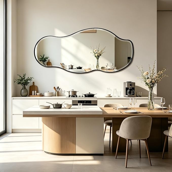 POZINO Large Irregular Mirror, 63"x28.5" Asymmetrical Metal Frame Mirror with Beveled Edge, Premium Organic Wall Mirrors for Living Room Bedroom Hallway Entryway, Horizontal/Vertical Hanging
