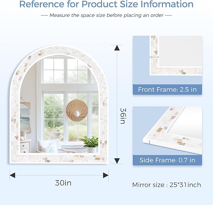 Tanmicoshomy White Arched Bathroom Mirror 30x36 Inch, Mosaic Design Natural Shell Inlay Bathroom Mirror with Tempered Glass for Bathroom Living Room Bedroom or Entryway