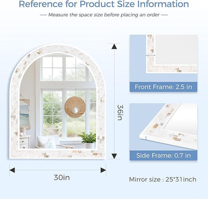 Tanmicoshomy White Arched Bathroom Mirror 30x36 Inch, Mosaic Design Natural Shell Inlay Bathroom Mirror with Tempered Glass for Bathroom Living Room Bedroom or Entryway
