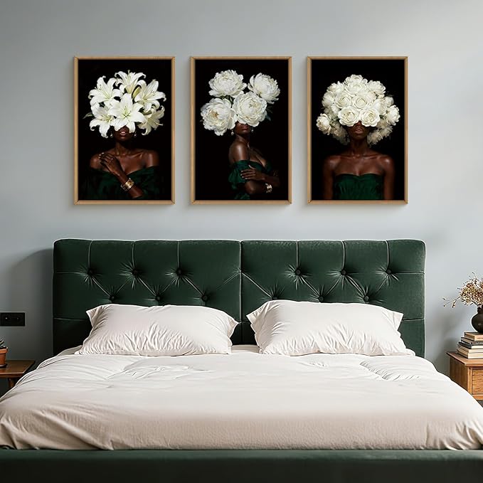 HPINUB Black Woman Framed Canvas Prints Wall Art Set, Abstract White Hydrangea Wall Decor, Vintage African American Girl Art Photos for Living Room, Bedroom, Dining Room, Office, Bathroom - 16"x24"x3