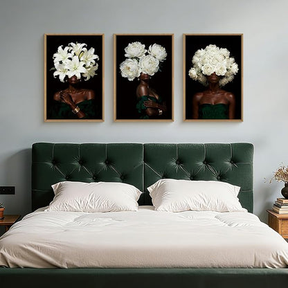 HPINUB Black Woman Framed Canvas Prints Wall Art Set, Abstract White Hydrangea Wall Decor, Vintage African American Girl Art Photos for Living Room, Bedroom, Dining Room, Office, Bathroom - 16"x24"x3