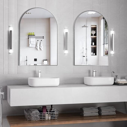Wall Mounted Mirror, Arched Wall Mirror for Bathroom, 2 Pieces 24"x36" Arch Bathroom Mirror with Metal Frame, Silver Vanity Mirror Decor for Mantle, Bedroom, Entryway, Living Room