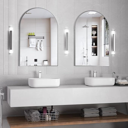 Wall Mounted Mirror, Arched Wall Mirror for Bathroom, 2 Pieces 24"x36" Arch Bathroom Mirror with Metal Frame, Silver Vanity Mirror Decor for Mantle, Bedroom, Entryway, Living Room