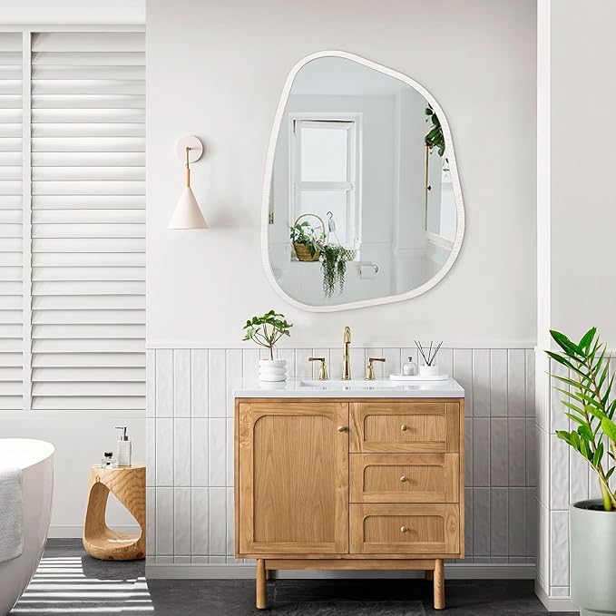 Asymmetrical Mirror Small 26"x18" Irregular Wall Mirror Modern Wood Frame Unique Shape Wall Mounted Vanity Artistic Mirror Decorative for Living Room Bedroom Bathroom Entryway Hallway