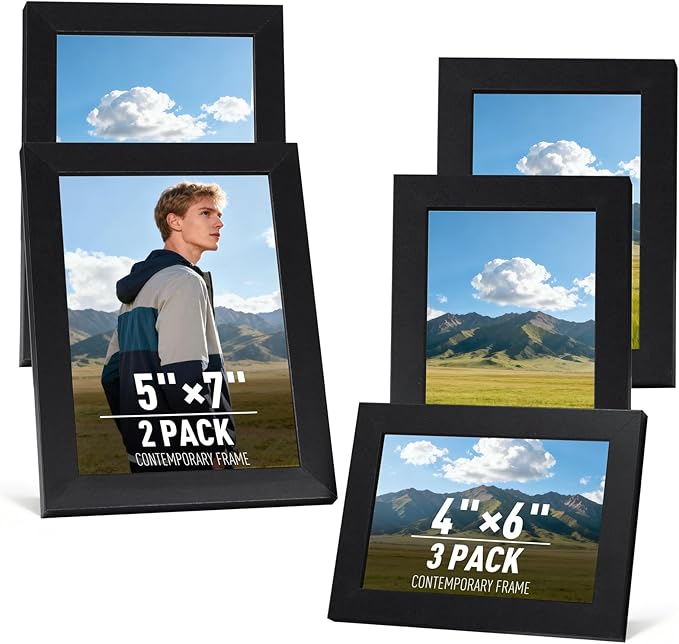 MAXECHO Picture Frame Set of 5, Two 5"x7", Three 4"x6", Black Gallery Photo Frame for Collage Wall and Tabletop Display Home Decor