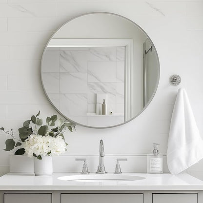 Oruii Silver Round Mirror, Round Mirror 24 inch Brushed Nickel, Circle Wall Mirrors Metal Frame, Silver Circular Mirrors for Bathroom, Wall, Living Room, Entryway, Hallway, Vanity, Rustic
