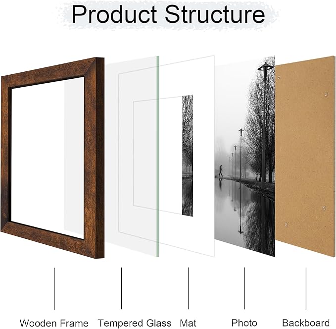 iRahmen 9x12 Picture Frame with Mat 6x8 - High Definition Tempered Glass Wooden Photo Frames for Tabletop Display and Wall Mounting (Dark Brown, Set of 2)