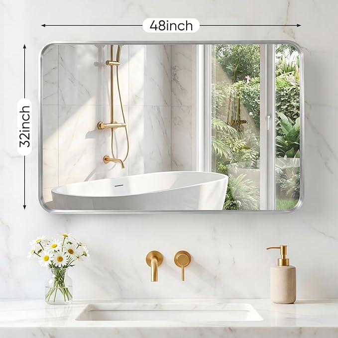 NEWBULIG 32X48 Inch Bathroom Mirror for Over Sink, Wall Vanity Mirrors Tempered Glass, Anti-Rust Metal Framed Rounded Rectangle, Hangs Horizontally or Vertically, Farmhouse Home Decor, Silvery