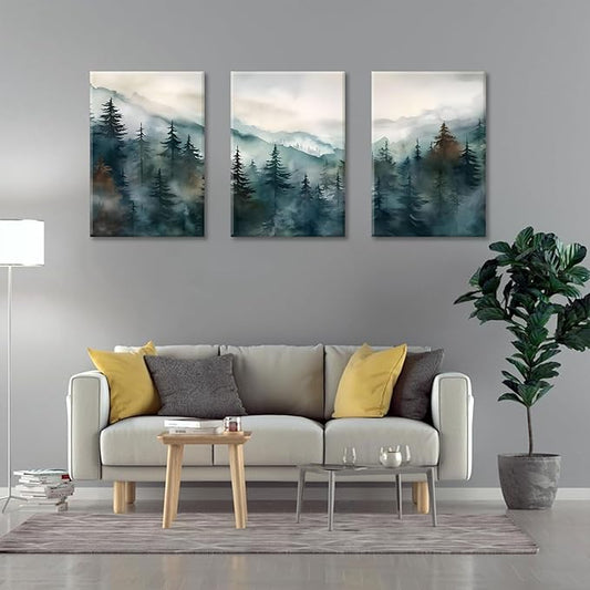 Bwodke Canvas Wall Art Mountain Framed Wall Art Set of 3 Boho Nature Landscape Picture Decor Pine Forest Prints Artwork Painting for Living Room Bedroom Office 16"x24"