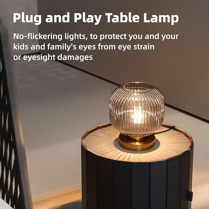 Bedside Table Lamp with Glass Shade, Small Nightlight Lamp Elegant Nightstand Lamp Modern Desk Lamp with Plug-in Style for Bedroom Living Room Tabletop,Smoky Gray, Dia7.9 x H8.7