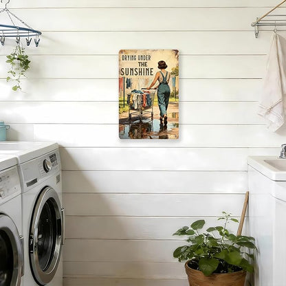 Drying Under The Sunshine Tin Sign Rustic Laundry Room Decor Vintage Metal Wall Art for Farmhouse Kitchen Bathroom 16x12 Inch
