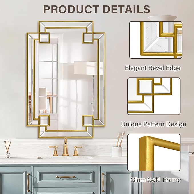 Gold Mirror for Bathroom, 24x36 Inch Rectangle Bathroom Vanity Mirror for Over Sink, Modern Decorative Mirror for Living Room Entryway Fireplace Mantel (Horizontal/Vertical)
