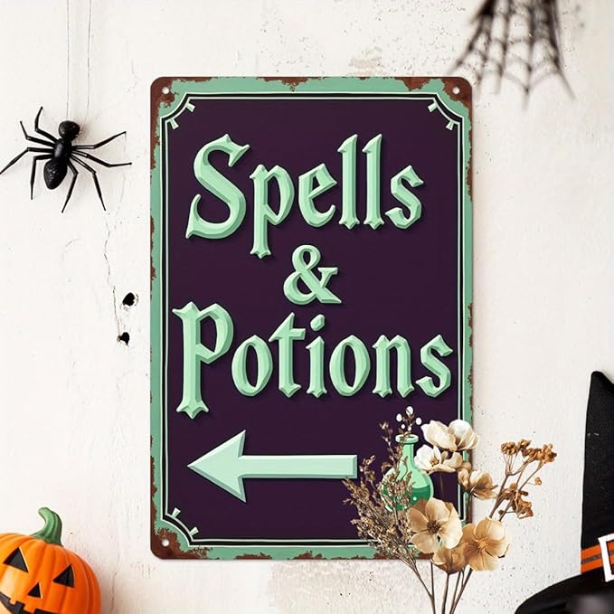 Spells & Potions Metal Tin Sign Vintage Halloween Decor Wall Hanging Wall Art Rustic Bathroom Kitchen Entryway Home Halloween Decorative Sign 8x12 Inch