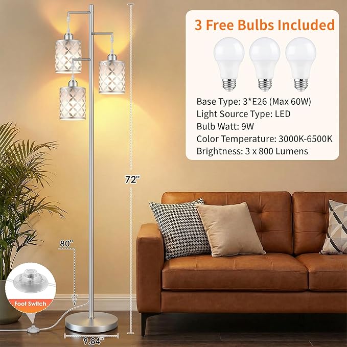 Dimmable Floor Lamp, Farmhouse Standing Lamp with Elegant Metal Cage, Industrial Tall Tree Floor Lamps for Living Room, Bedroom, Study Room, Office, 3 x 800LM LED Bulbs Included, 72",Silver
