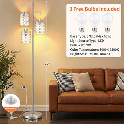 Dimmable Floor Lamp, Farmhouse Standing Lamp with Elegant Metal Cage, Industrial Tall Tree Floor Lamps for Living Room, Bedroom, Study Room, Office, 3 x 1100LM LED Bulbs Included,72",Silver