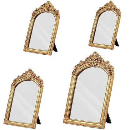 Thyle 4 Pcs Vintage Mirror Set Gold Antique Makeup Mirror Arch Retro Resin Baroque Decorative Wall Square Hanging Desk Tabletop Room Bedroom Bathroom Gallery (13x9 10x7 8x5 7x4)(Light Color)
