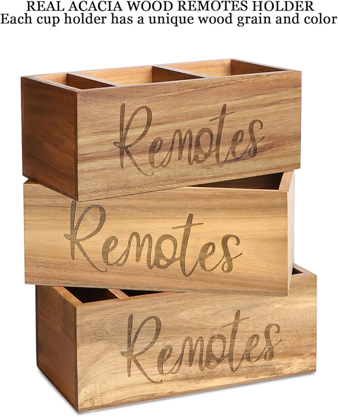 LBEMEY Remote Control Holder Caddy, Acacia Wood TV Remote Holder, Remote Organizer for Table, Vintage Farmhouse Desk Caddy (Brown-for 5+ Remote Controls)