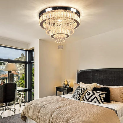 Crystal Chandeliers Modern Crystal Chandelier Flush Mount Ceiling Light Fixture with Remote Control for Bedroom Dining Room Living Room (16 inch Dimmable)