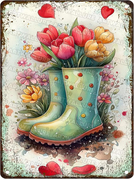 Garden Vintage Metal Sign Watercolor Flower Shoes Wall Art Rustic Metal Plaque for Home Yard Gate Garage Garden Decoration 12x16inch