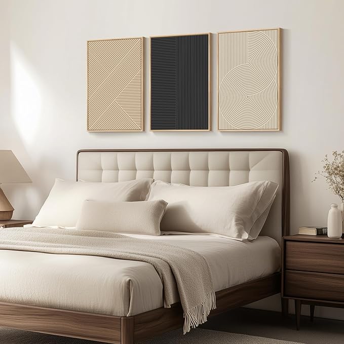 Framed Neutral Abstract Wall Art for Living Room, Set of 3 Piece Boho Modern Beige Canvas Artworks for Walls, Minimalist Geometric Painting Prints for Bedroom Hallway Home Office Wall Decor, 16x24 In