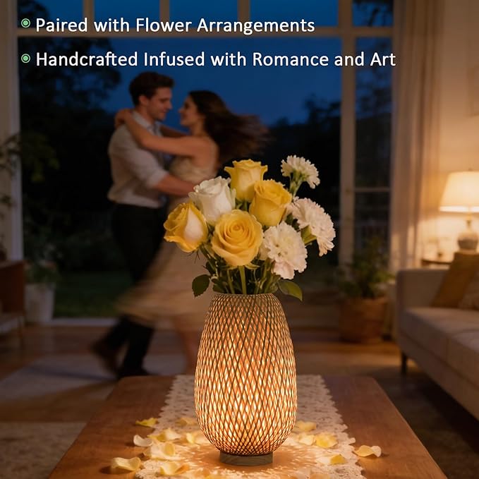 ARTZONE Rattan Lamp, Vintage Boho Lamp for Bedside, Handmade Mini Bamboo Table Lamp for Entrance Bedroom Living Room Office and Home Decor