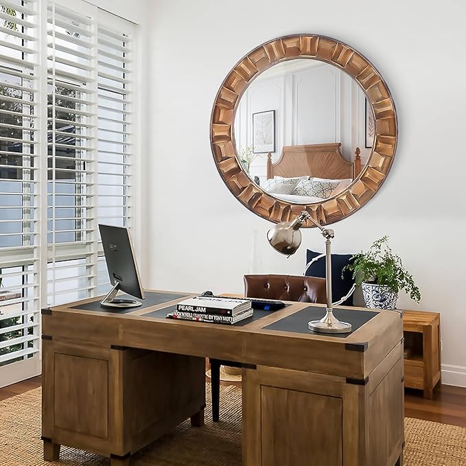 36 Inch Large Round Solid Wood Wall Mirror - Rustic Farmhouse Dark Brown Wooden Circle Mirror for Bathroom, Living Room, Entryway & Wall Decor