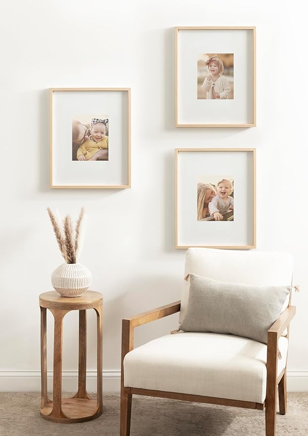Kate and Laurel Gibson Modern Wall Picture Frame Set of 3; 16x20 matted to 8x10; Natural; Three-Piece Frame Set for Gallery Wall Frame Set in Living Room Wall Decor