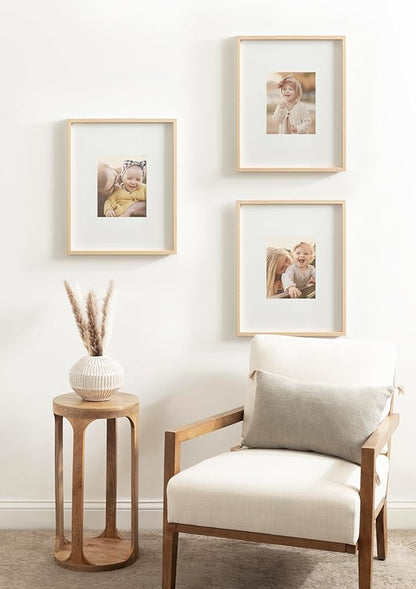 Kate and Laurel Gibson Modern Wall Picture Frame Set of 3; 16x20 matted to 8x10; Natural; Three-Piece Frame Set for Gallery Wall Frame Set in Living Room Wall Decor