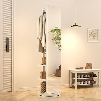 WoodsWhisper Full Length Mirror Coat Rack Solid Wood Floor Mirror 66"x12" Full Length Mirror with Stand Long Mirrors for Bedroom,Living Room (White, 70" L x 16" W)