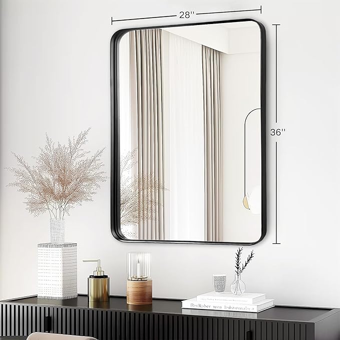 Black Wall Mirror for Bathroom - 28x36 Inch Black Vnaity Wall Mirror Over Sink, Metal Matte Framed Mirrors for Restroom Farmhouse, Hallway Home Office, Hanging Vertically or Horizontally
