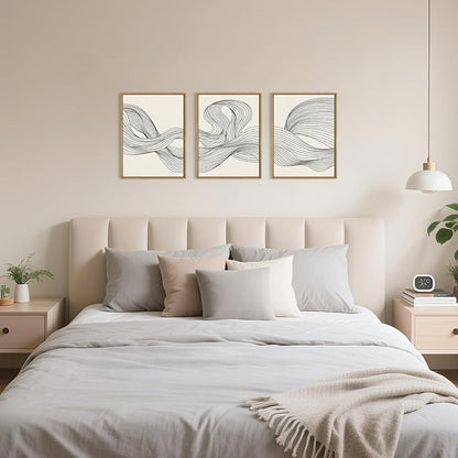 HPNIUB Neutral Abstract Beige Wave Framed Wall Art Set,Minimalist Black Line Wave Wall Decor,Modern Geometric Art Print,Boho Textured Artwork for Living Room, Bedroom,Office-12 x16 x3